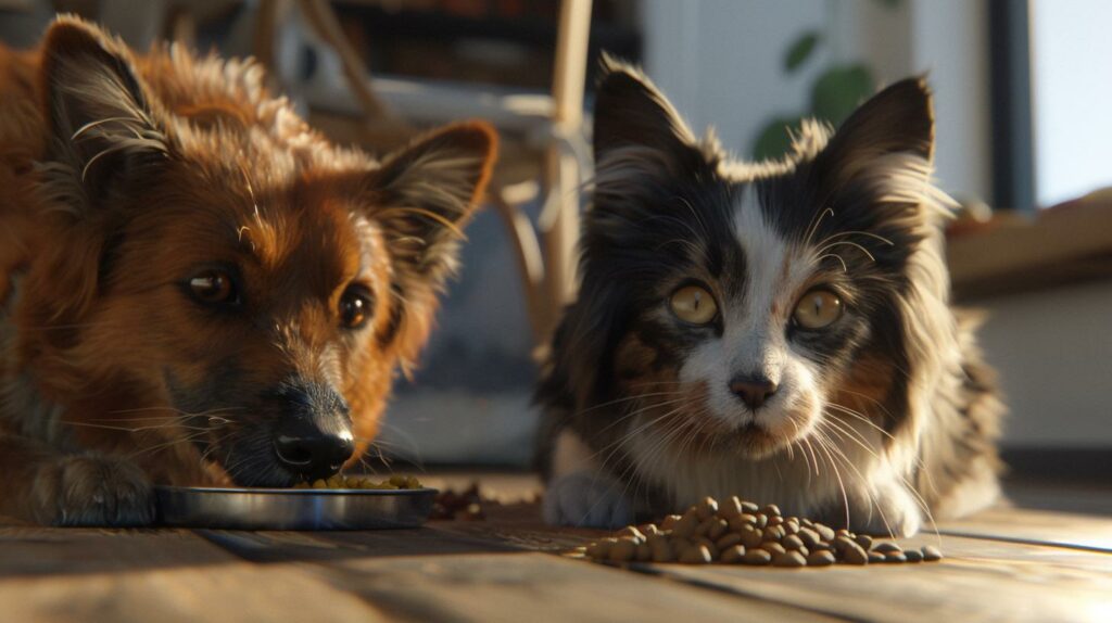 Katt och hund framför kattmat
